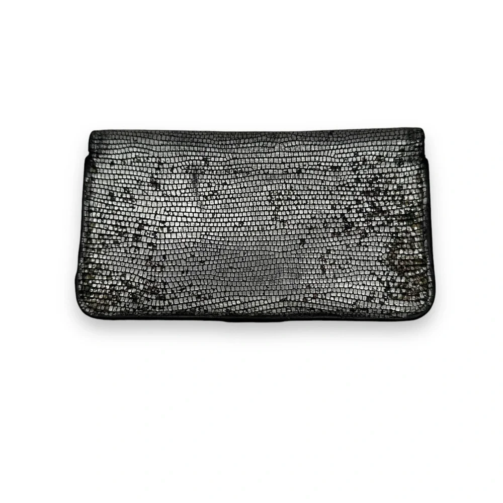 Henri Bendel Metallic Silver Pebbled Black Saffiano‎ Leather Phone & Card Wallet